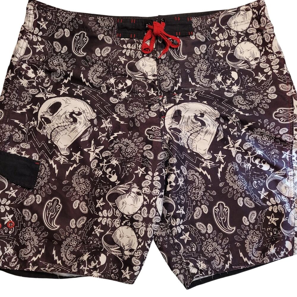 Joe Boxer Skull Board Shorts Brown Graffiti Paisley Lightning Stars Grunge sz 38